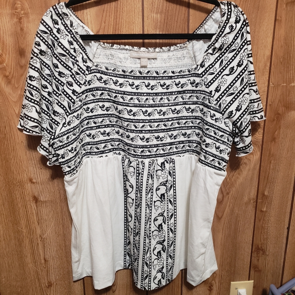Woman Within 14/16 Off The Shoulder Blouse Smocked Bodice Baby Doll Tunic